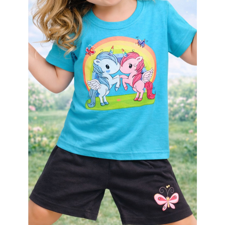 Ninos 100% Cotton Knit Half Sleeves "Unicorn Paired" Printed Coordinating Tee & Shorts Set for Girls