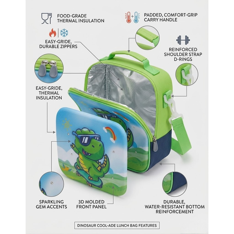 Kids Dinosaur Lunch Bag - 3D Insulated Lunch Box for Boys Kids School Picnic Hiking Lunch Crossbody bag