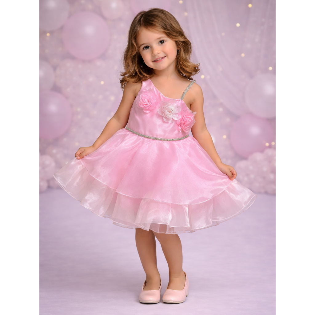 Toddler Girls’ Enchanted Blue Floral Party Dress – Layered Organza Princess Gown with Rosette Bodice and Sparkle Trim