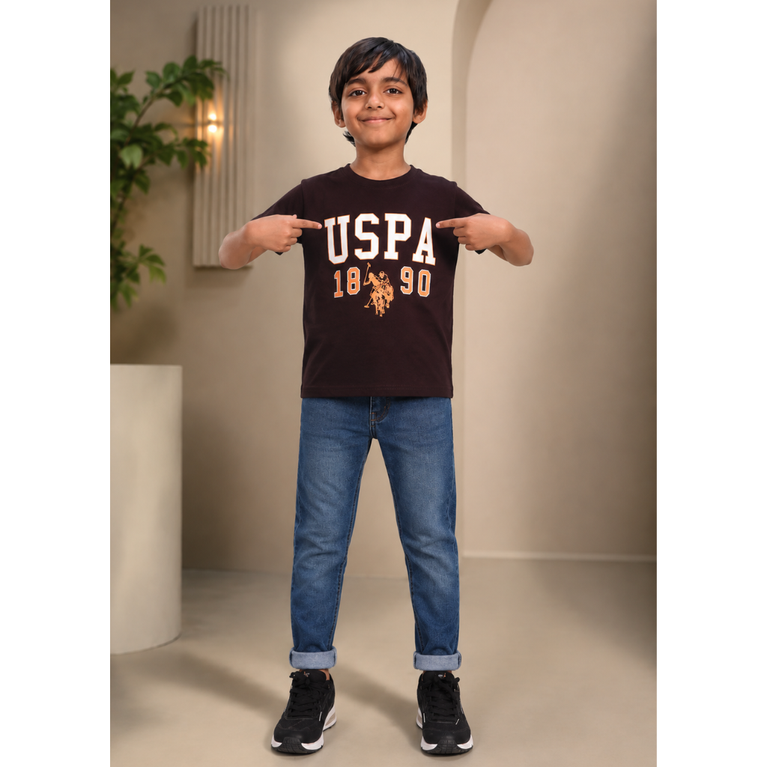 U.S POLO- Kids Cotton Knit Half Sleeves Crew Neck T-Shirt with USPA Text Print , 2-11 years