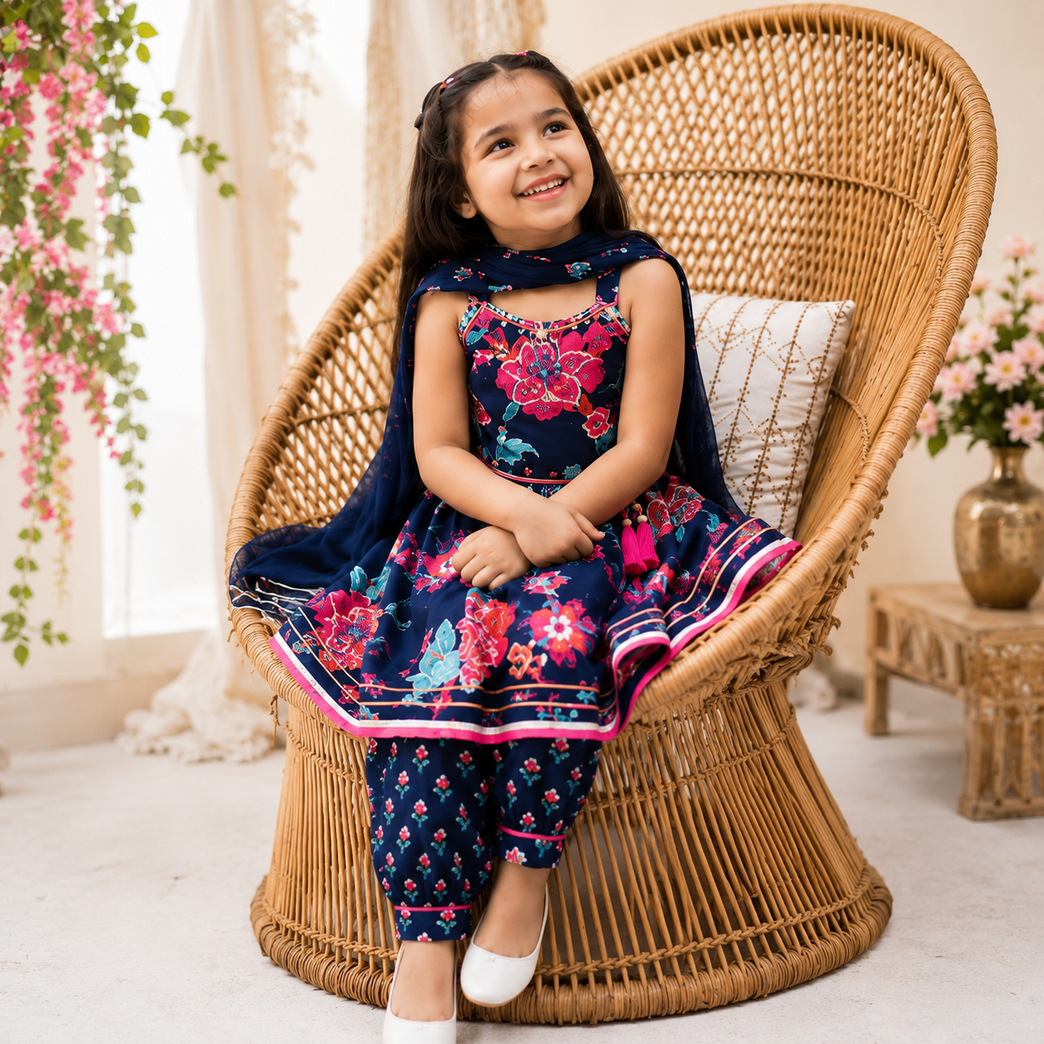 Navy Blue Floral Printed Kurti with Dhoti Pants &amp; Dupatta Set | Kids Ethnic Festive Wear | Traditional Co-ord Outfit