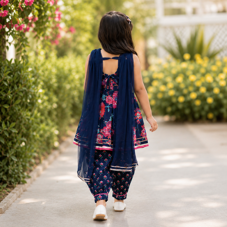 Navy Blue Floral Printed Kurti with Dhoti Pants &amp; Dupatta Set | Kids Ethnic Festive Wear | Traditional Co-ord Outfit