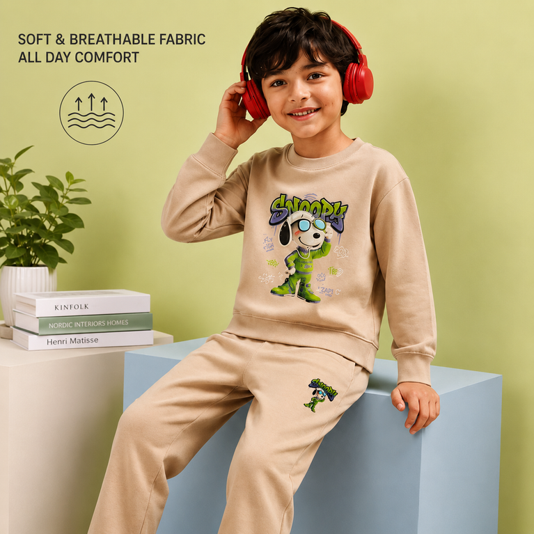 Cotton Lycra Co-Ord Clothing Set | Full Sleeve Graphic Sweatshirt & Jogger Pants | Soft Casual Winter Outfit for Boys