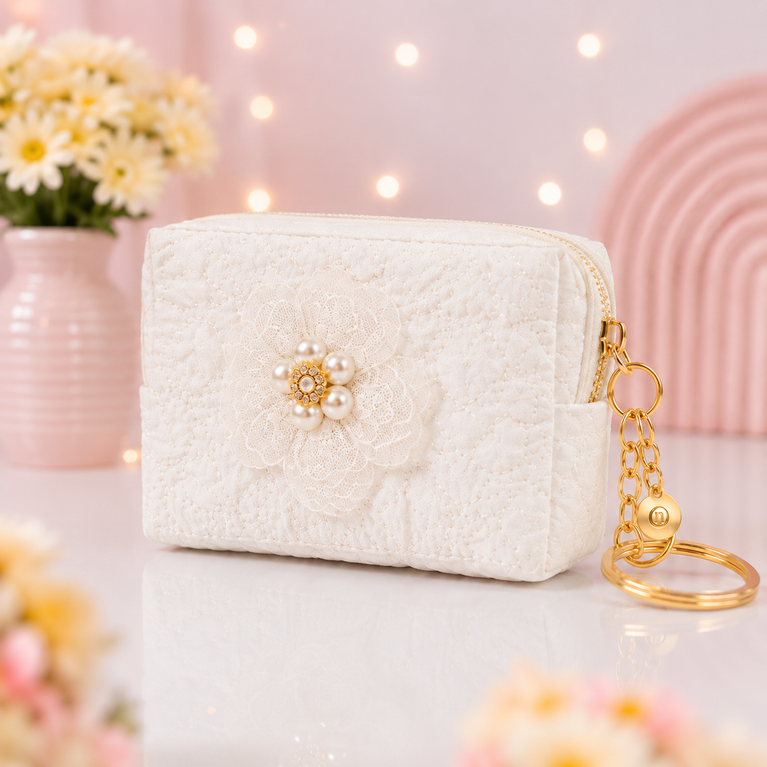 Floral Quilted Coin Purse Girls | Mini Zipper Wallet with Pearl Flower Charm, Keychain Ring | Cute Cash, Coin & Earbuds Pouch (Multi-Color)