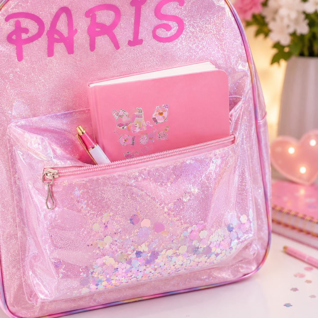 Girls Glitter Transparent Backpack with Sequin Pocket &amp; Rainbow Adjustable Straps