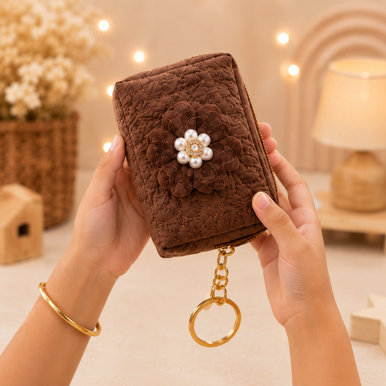 Floral Quilted Coin Purse Girls | Mini Zipper Wallet with Pearl Flower Charm, Keychain Ring | Cute Cash, Coin & Earbuds Pouch (Multi-Color)