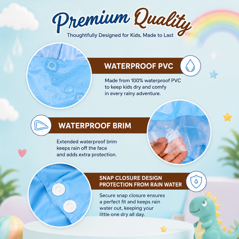 Hooded Raincoat for Kids with Wide Brim, EVA Student Rain Coat for Girls, School Bag Rain Cover