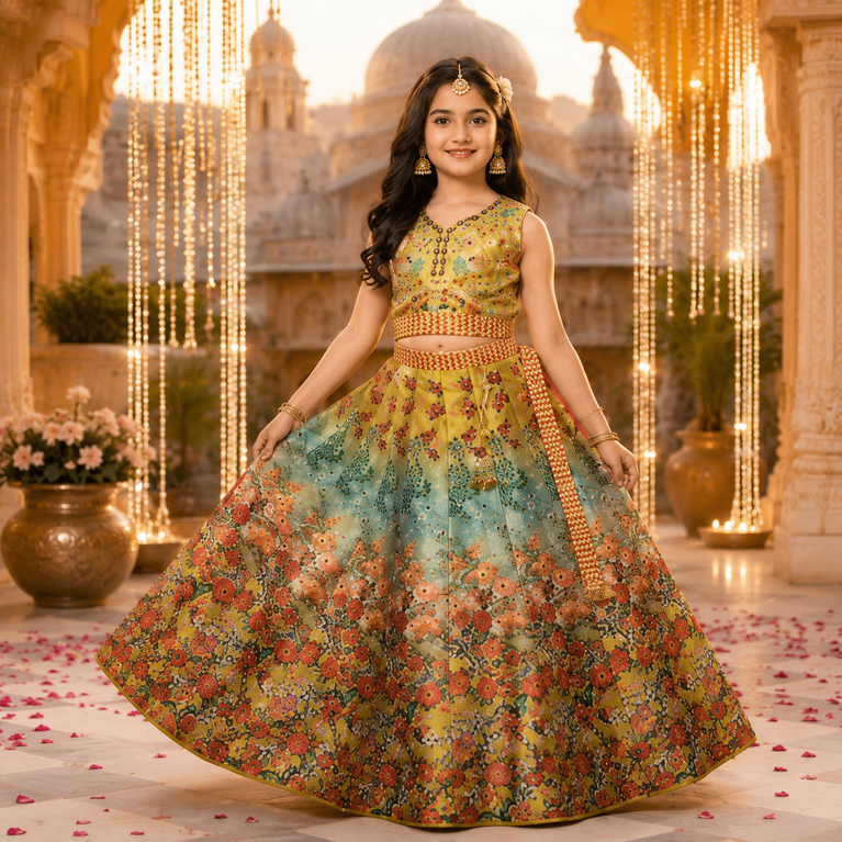 Girls Floral Printed Embroidered Lehenga Choli Set with Dupatta | Festive & Wedding Wear