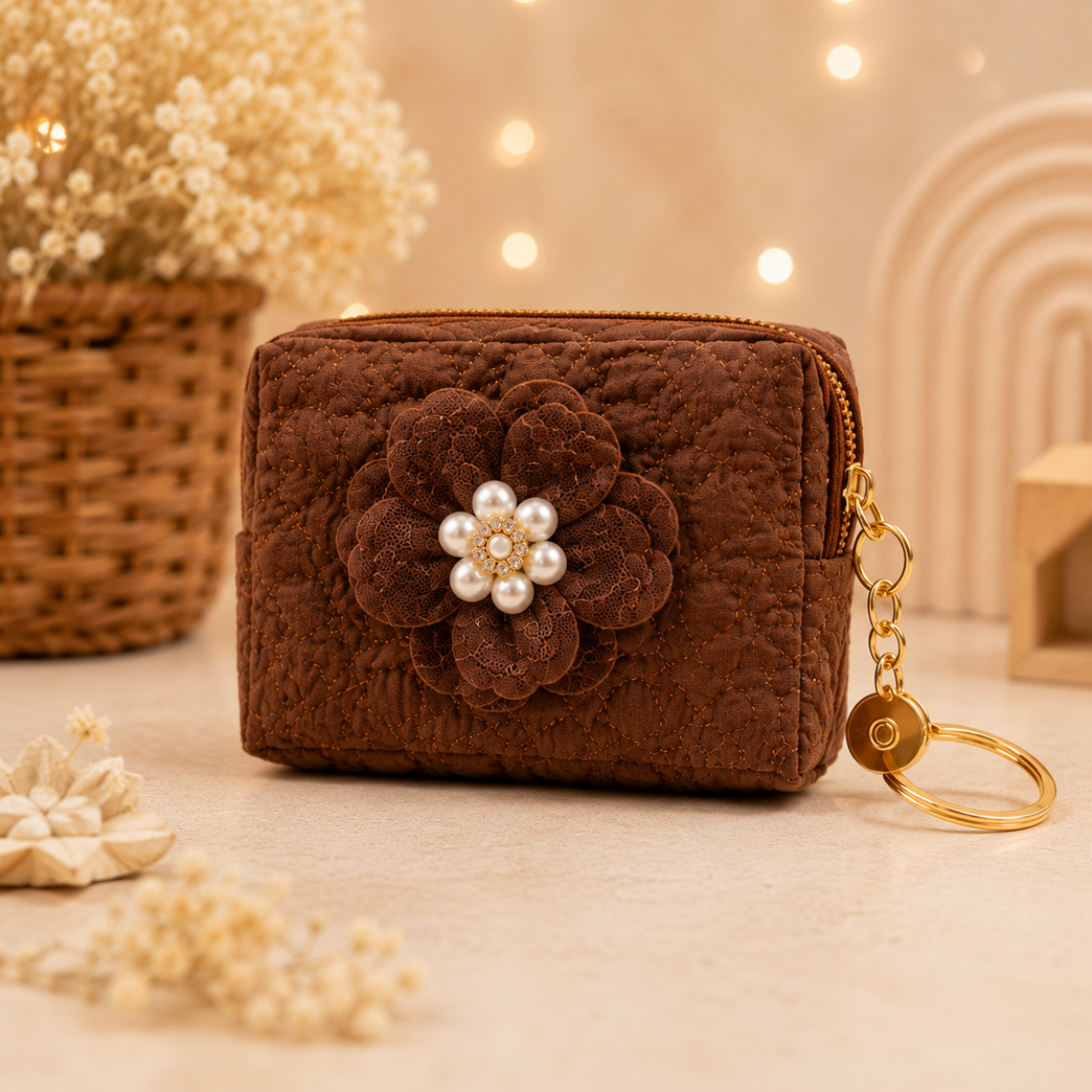 Floral Quilted Coin Purse Girls | Mini Zipper Wallet with Pearl Flower Charm, Keychain Ring | Cute Cash, Coin & Earbuds Pouch (Multi-Color)