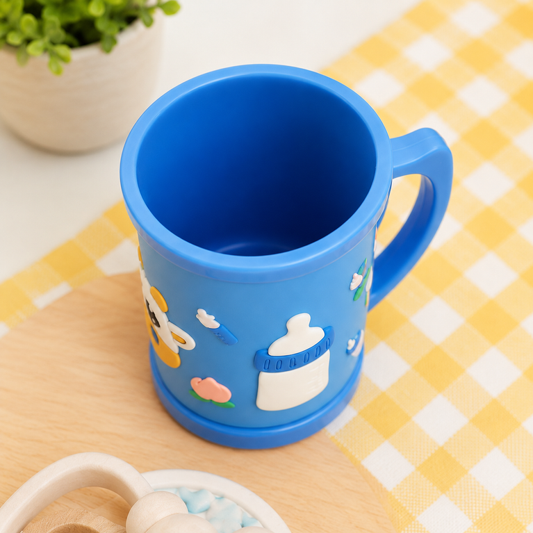 Cow Plastic Mug with Lid & Handle | Cute Reusable Drinking Mug for Milk, Juice & Water | BPA-Free | Blue