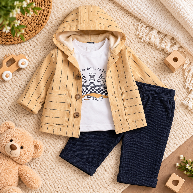Mustard Hooded Jacket, T-Shirt & Navy Pants Set for Boys | Stylish Kids Outfit