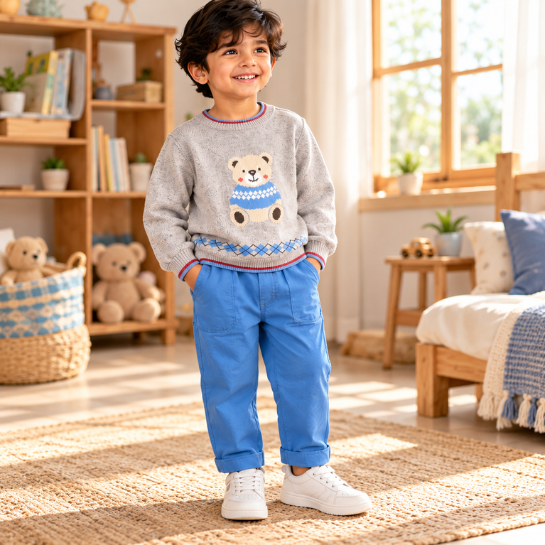 Grey Teddy Bear Sweater & Blue Pants Set for Boys | Cute Winter Kids Outfit
