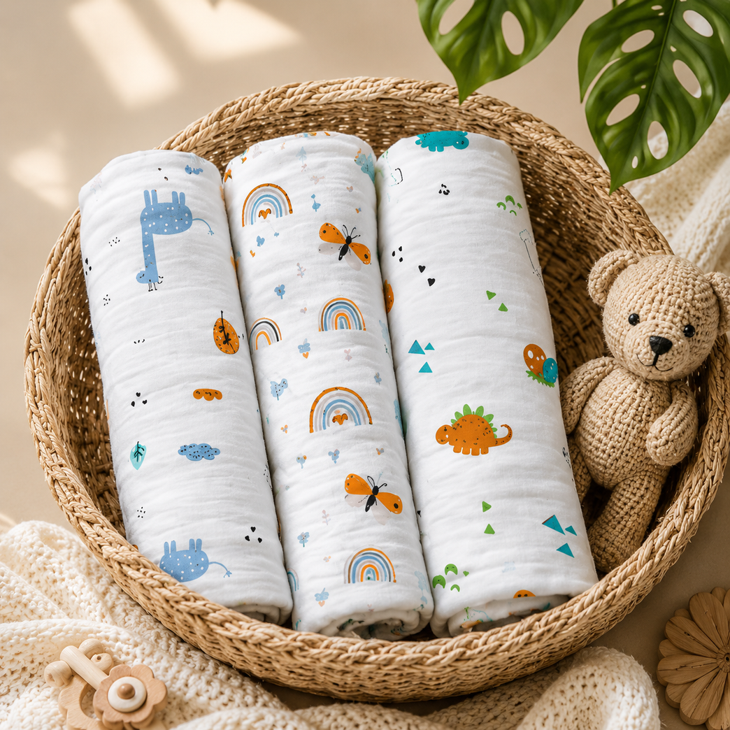 Muslin Cotton Baby Swaddle Wrap Blanket (Pack of 3) | Ultra Soft Breathable Newborn Receiving Blanket | Multi-Print Baby Swaddle Set
