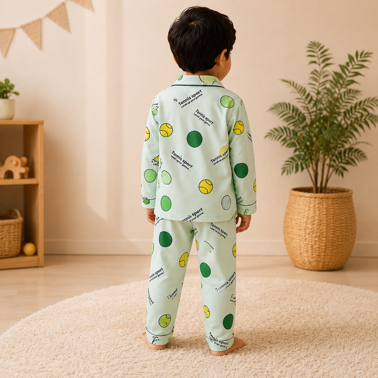 DOREME Kids Tennis Print Cotton Night Suit Set for Boys & Girls | Soft Half Sleeve Shirt & Pajama Co-ord Sleepwear | Mint Green