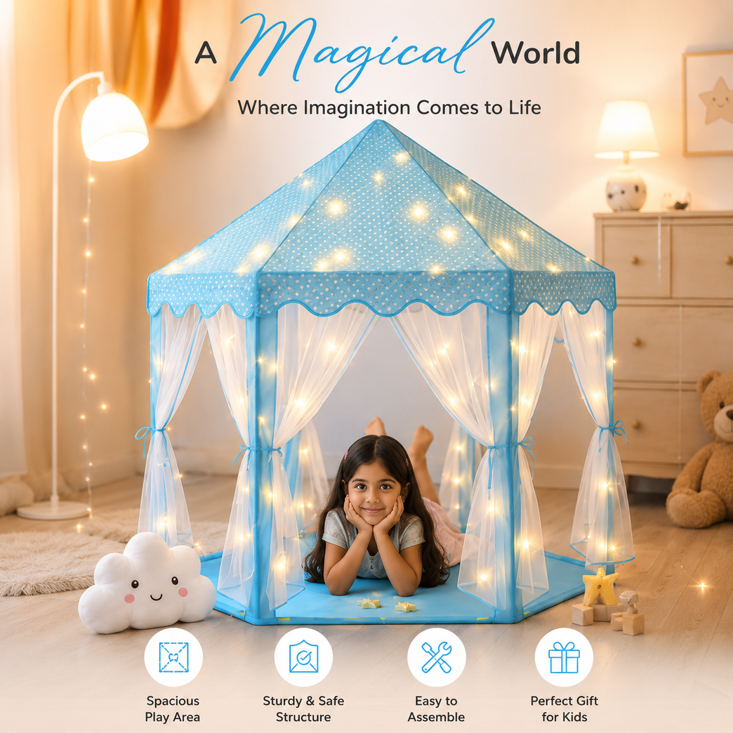 Premium Kids Princess Play Tent House with Mesh Curtains &amp; Spacious Indoor Play Area – Blue Fantasy Castle Tent for Boys &amp; Girls