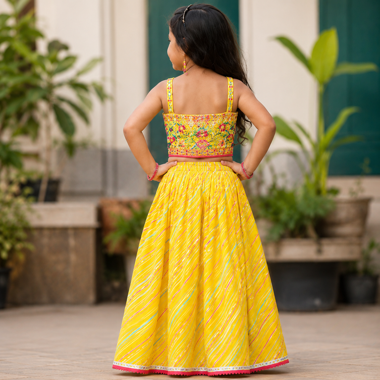 Yellow Embroidered Lehenga Choli Set | Floral Mirror Work Festive Ethnic Wear for Kids | Wedding, Haldi &amp; Festival Outfit