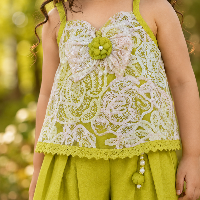 Lime Green Floral Lace Top & Wide-Leg Palazzo Set | Stylish Kids Party Wear
