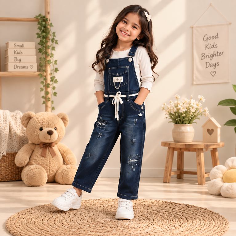 Girls Blue Denim Dungaree with Embellished Details | Stylish Kids Overalls| 6-7 years