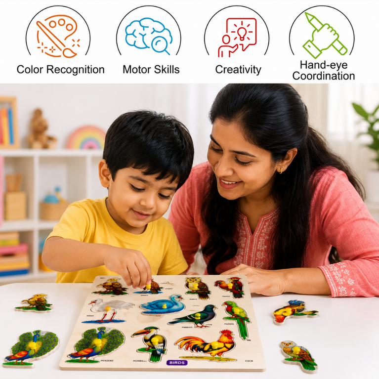 Wooden Birds Puzzle Board for Kids | Bird Identification & Montessori Educational Learning Toy
