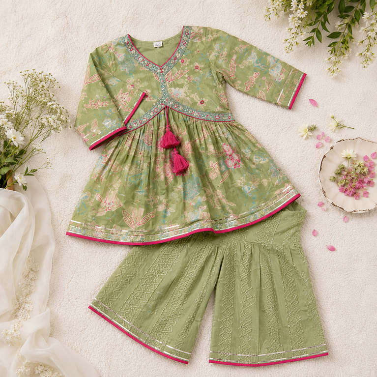 Floral Printed Kurta with Embroidered Sharara Set | Ethnic Festive Wear for Kids | Olive Green Traditional Outfit