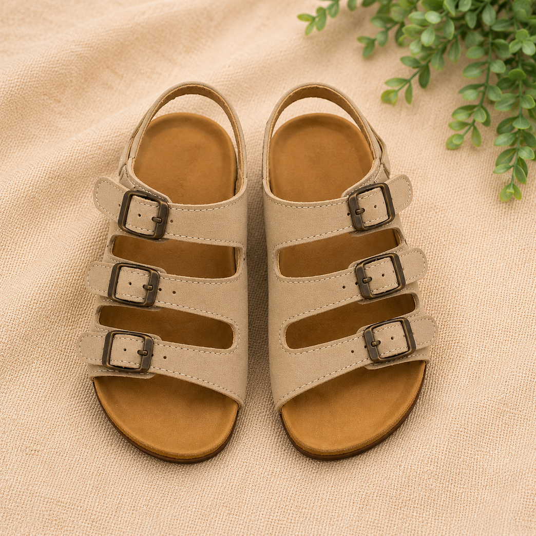 Kids Beige Triple Buckle Sandals | Comfortable Casual Summer Flats | Anti-Slip Lightweight Children's Sandals