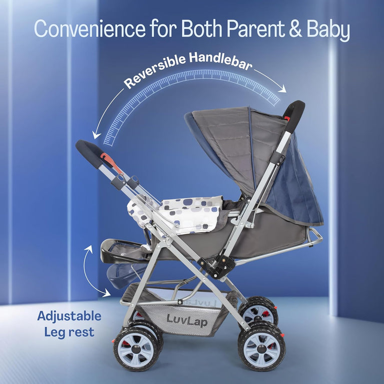 Baby Stroller for Kids with Reversible Handle & 5-Point Safety Harness – Foldable Lightweight Pram with Storage Basket | LuvLap Style