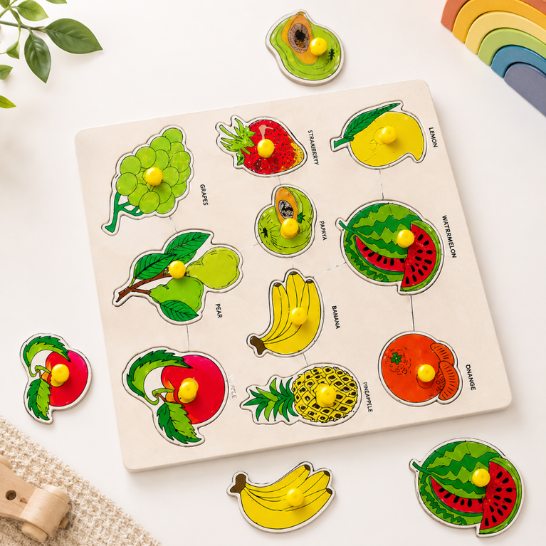 Wooden Fruits Puzzle Board for Kids | Montessori Fruit Recognition & Early Learning Educational Toy