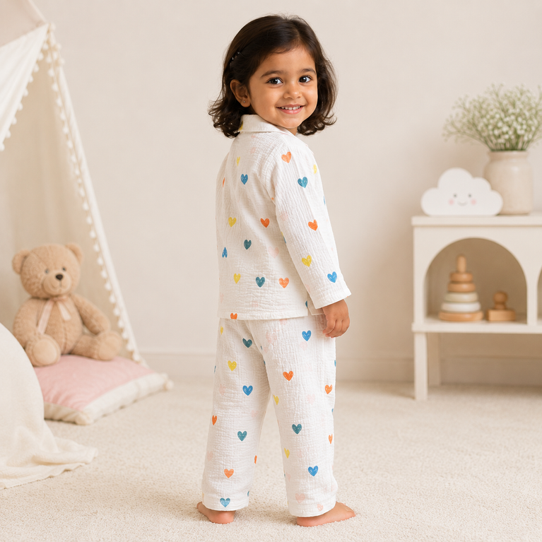 Multicolour Heart Print Cotton Co-ord Night Suit Set | White Shirt &amp; Pajamaourful Heart NightSuit