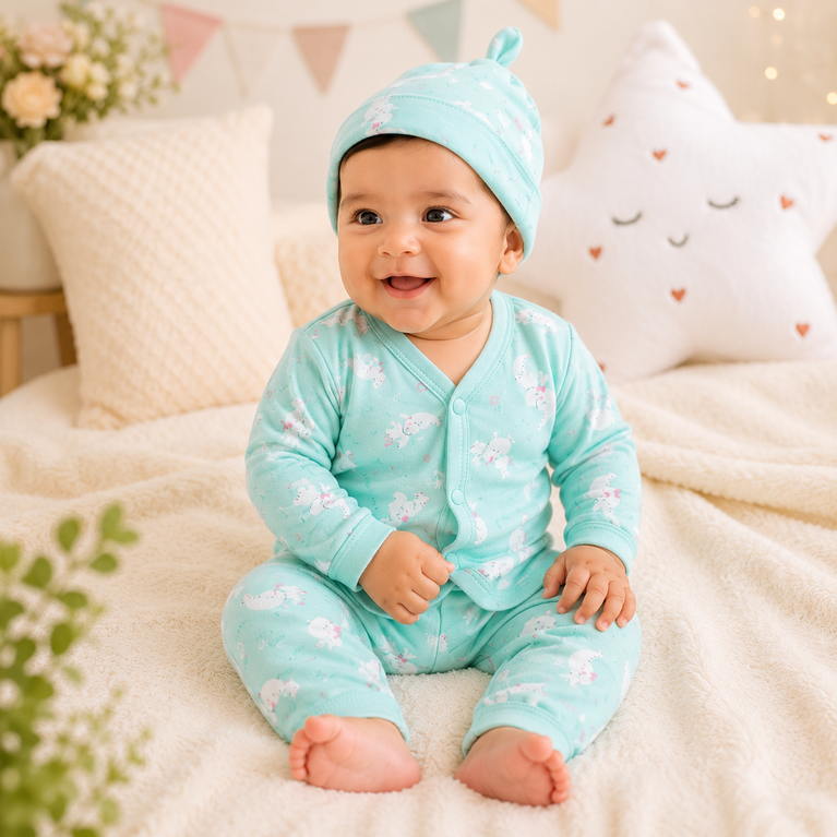 Newborn Baby Cotton Bunny Print Clothing Set with Cap | Full Sleeve Front-Button Top & Pants | Soft & Gentle Baby Wear (3-Piece)