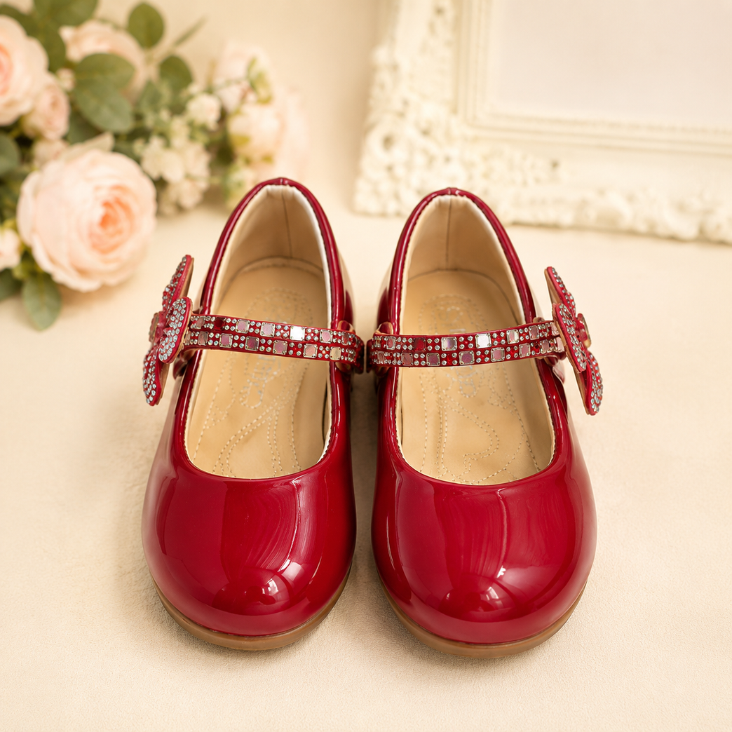 Girls' Glossy Red Party Ballet Flats with Rhinestone Flower &amp; Adjustable Strap