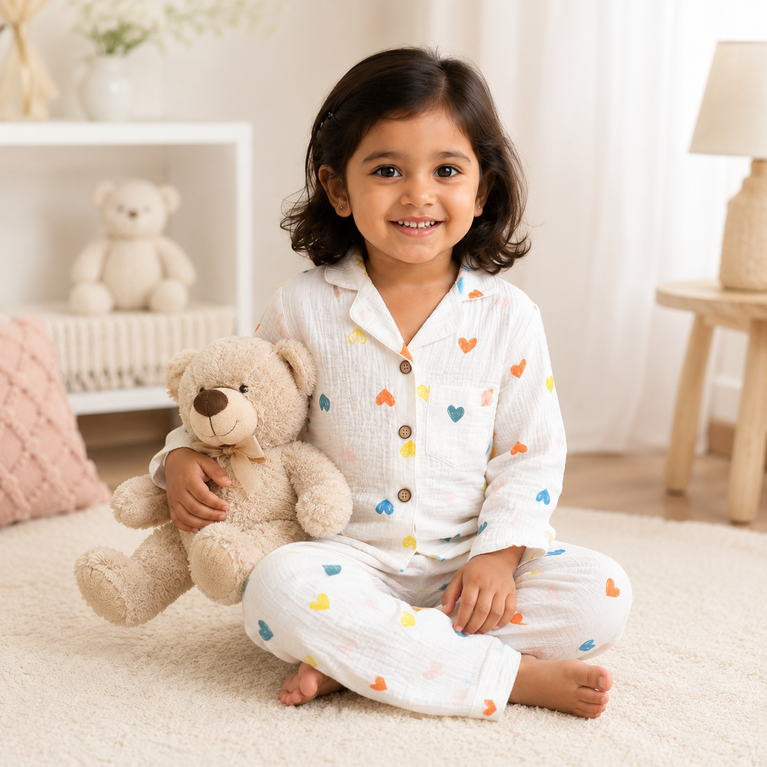 Multicolour Heart Print Cotton Co-ord Night Suit Set | White Shirt &amp; Pajamaourful Heart NightSuit