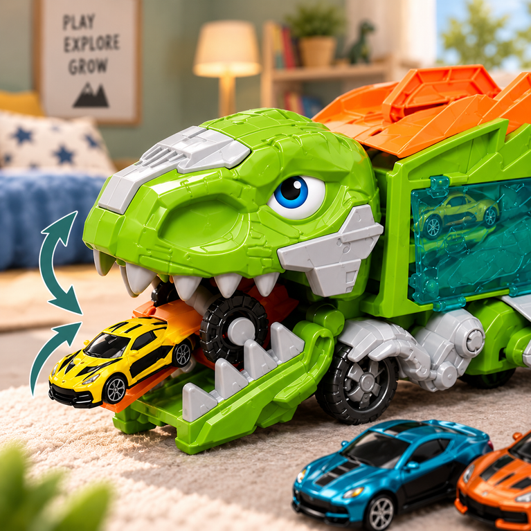 Dinosaur Car Carrier Toy with Mini Cars and Launch Track