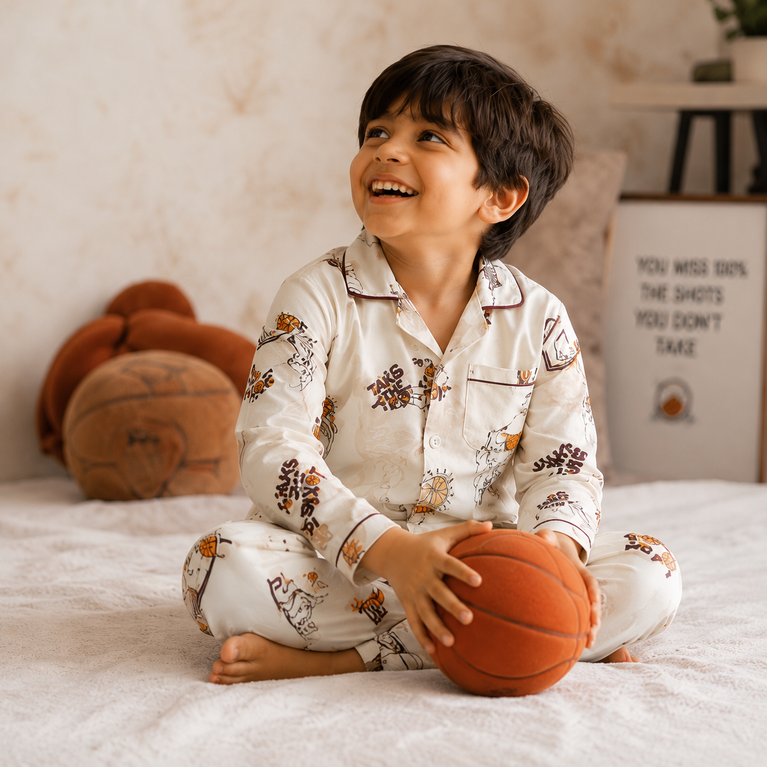 DOREME Premium Kids Basketball Print Cotton Night Suit Set | Half Sleeve Shirt &amp; Pyjama Co-ord Sleepwear for Boys