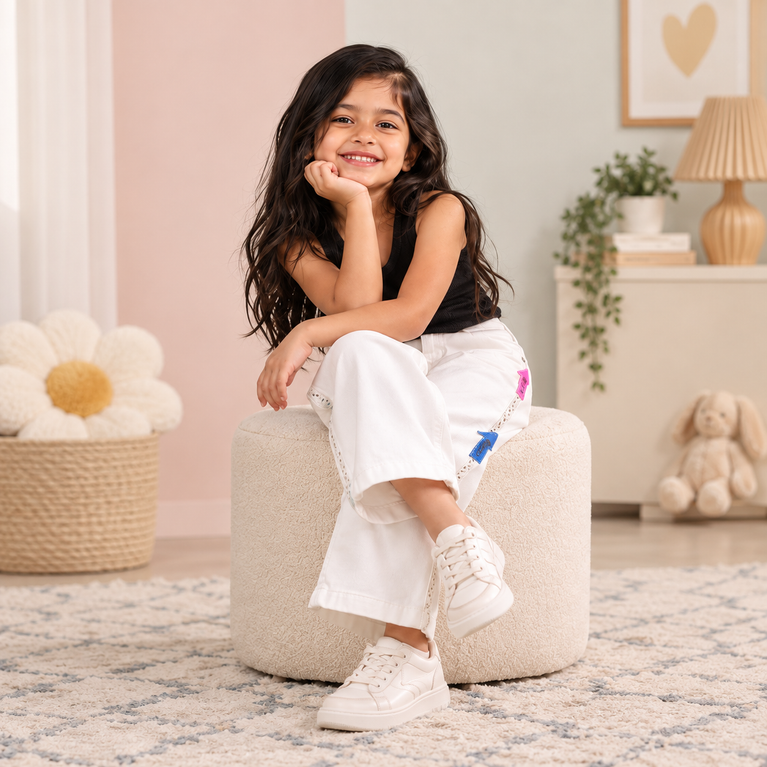White Wide-Leg Jeans for Girls with Colourful Arrow Details