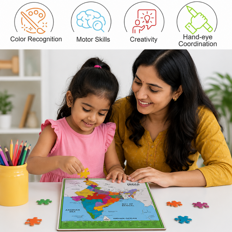 India Political Map Wooden Puzzle Board for Kids | Educational Geography Learning Toy