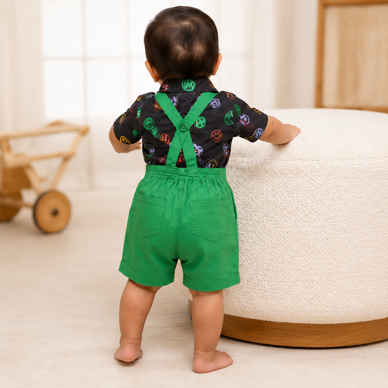 Smiley Print Boys Suspender Shorts Set with Bow Tie – Premium Kids Party Wear Outfit | Trendy Toddler Clothing