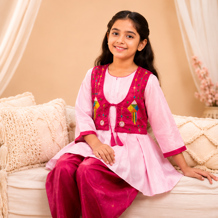 Girls Festive Dhoti Kurta Set with Embroidered Jacket – Traditional Ethnic Wear for Kids