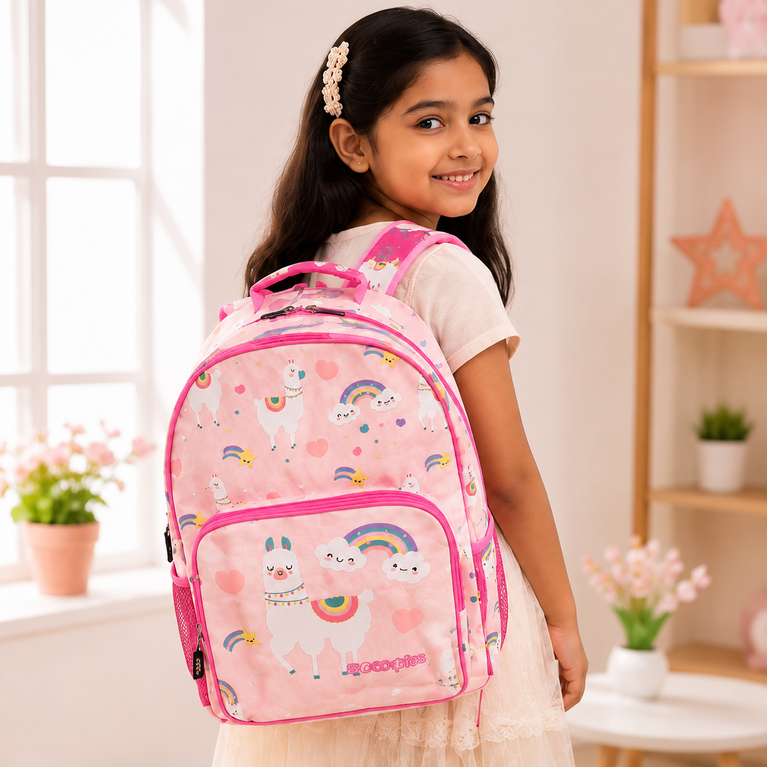 SCOOBIES Llama &amp; Rainbow Print Kids School Backpack with Padded Straps &amp; Side Mesh Pockets | Pink