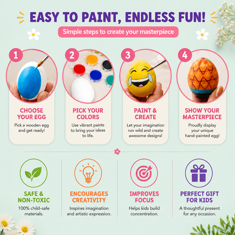 Kalakaram DIY Egg Painting Kit | 5 Wooden Eggs for Painting | Painting & Coloring Activity Kit