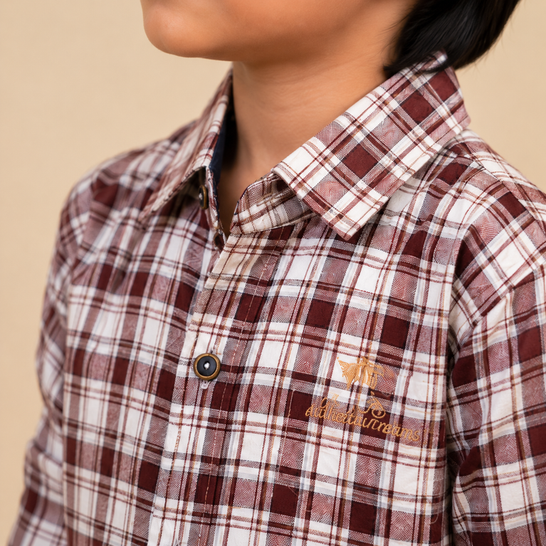 Boys Classic Checkered Full Sleeve Cotton Shirt – Maroon & White Plaid Casual Shirt