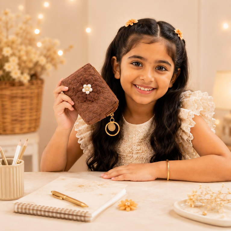Floral Quilted Coin Purse Girls | Mini Zipper Wallet with Pearl Flower Charm, Keychain Ring | Cute Cash, Coin & Earbuds Pouch (Multi-Color)