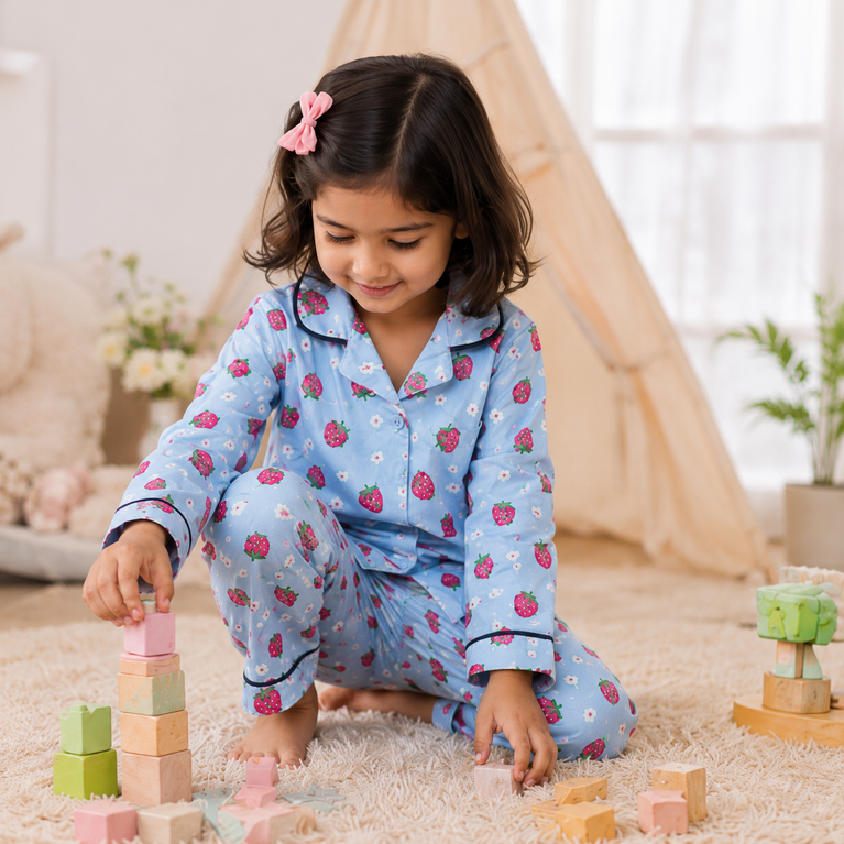 DOREME Girls Strawberry Print Cotton Night Suit Set | Soft Full Sleeve Kids Pyjama Set for Girls | Comfortable Sleepwear &amp; Loungewear