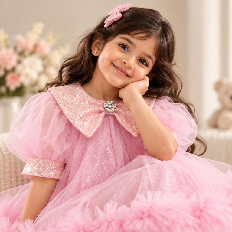 Pink Glitter Party Dress | Sequin Collar & Tulle Frock