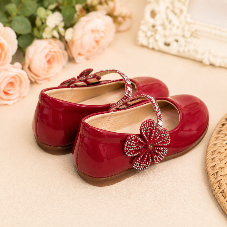 Girls' Glossy Red Party Ballet Flats with Rhinestone Flower &amp; Adjustable Strap