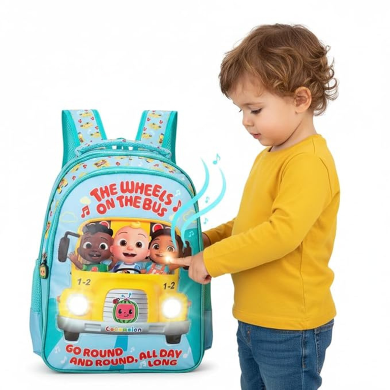Striders CoComelon School Backpack with Light & Music – The Wheels on the Bus 3D Design (16 inches)