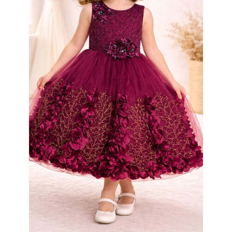 Elegant Floral Embellished Party Wear Gown for Girls with Glitter Tulle Skirt