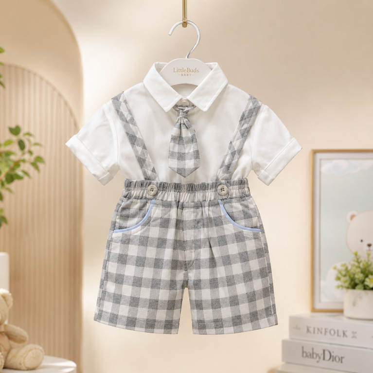 Kids Summer Formal Checks Shirt Shorts Set with Tie
