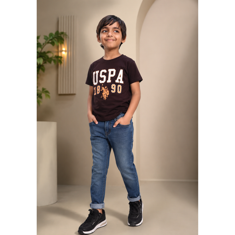 U.S POLO- Kids Cotton Knit Half Sleeves Crew Neck T-Shirt with USPA Text Print , 2-11 years