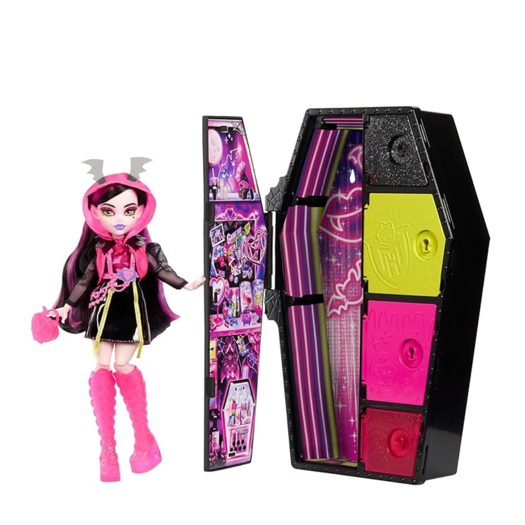 Monster High Doll and Fashion Set, Draculaura Doll, Skulltimate Secrets ,Neon Frights, Dress-Up Locker with 19+ Surprises