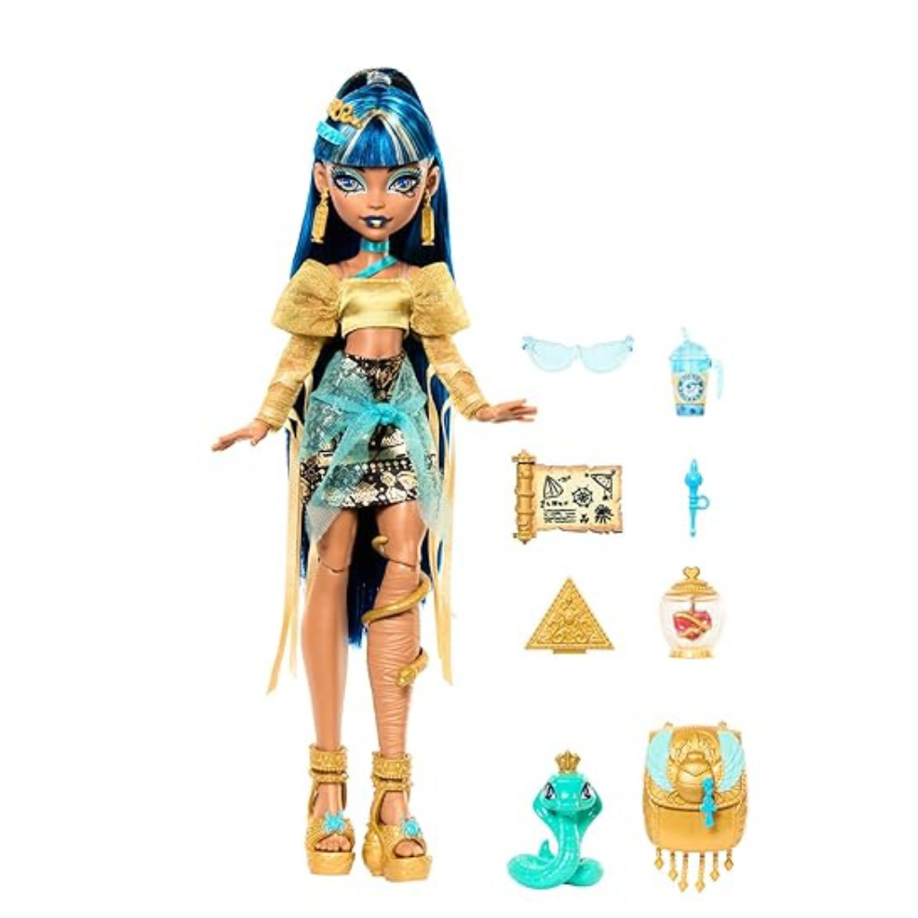 Monster High Cleo De Nile Doll in Golden Blouse and Layered Skirt, Includes Pet Cobra Hissette and Accessories Like a Backpack, Snack and Scroll
